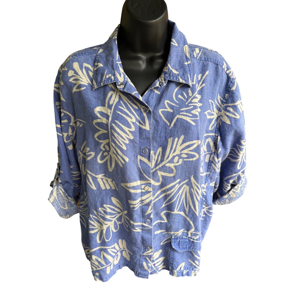 Chicos Blue Linen Tropical Leaf Print Roll Tab Sleeve Snap Front Shirt Size 3